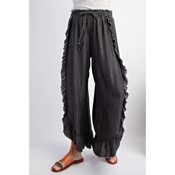 easel Pants - Easel Wide Leg Ruffle Pants Women 2X Charcoal Gray Tencel Boho Lagenlook Coastal